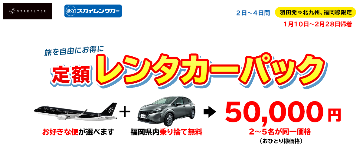 往復航空券＋レンタカー50,000円